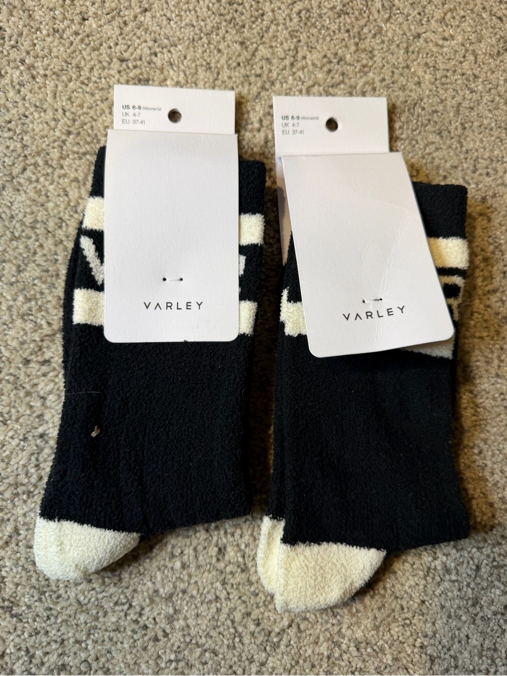 2 pair Varley Black & Cream Striped Crew Socks